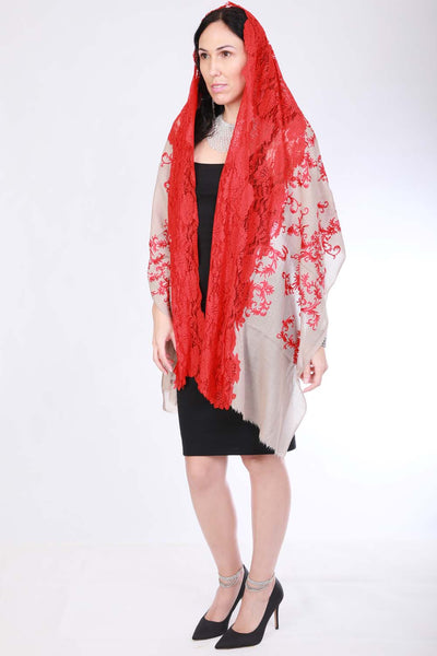 Friendship: Embroidered Beige Pashmina Scarf With Red Lace