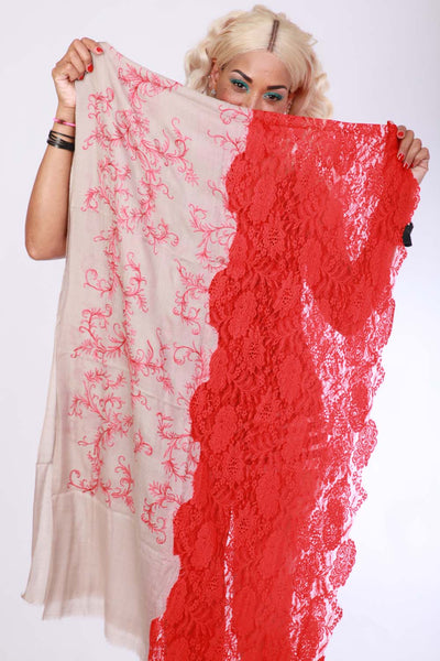 Friendship: Embroidered Beige Pashmina Scarf With Red Lace